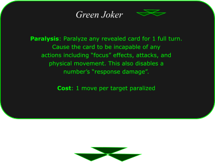 Green Joker Paralysis: Paralyze any revealed card for 1 full turn.  Cause the card to be incapable of any  actions including �focus� effects, attacks, and  physical movement. This also disables a  number�s �response damage�.  Cost: 1 move per target paralized